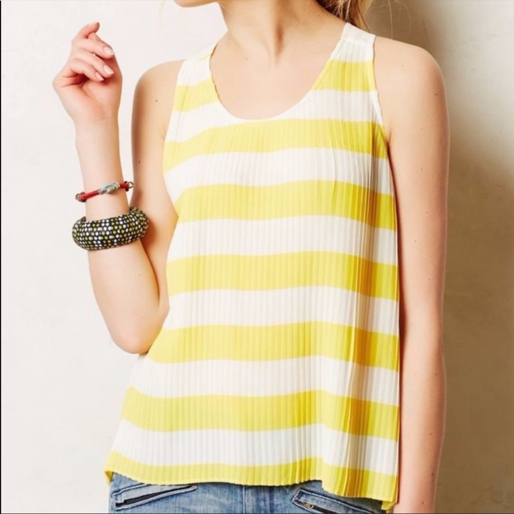 Anthro Maeve Yellow and White Striped Pleaded Tank